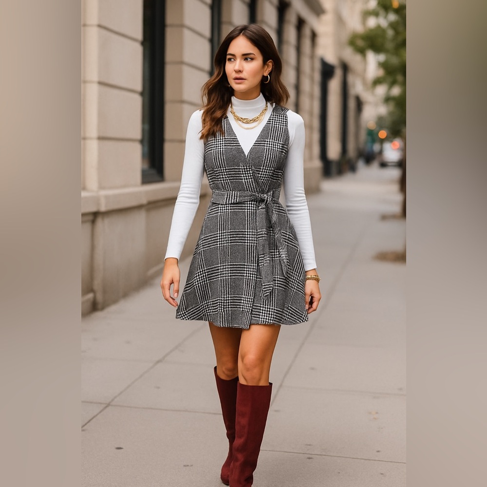 Elegant Plaid Wrap Dress - Black and White